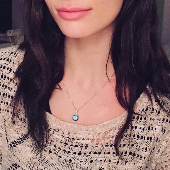 14K White Gold Blue Topaz and Diamond Pendant Necklace - Picture 3 of 5